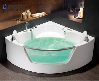 Popular Corner Acrylic Whirlpool Bathtub with Jacuzzi and Tempered Glass