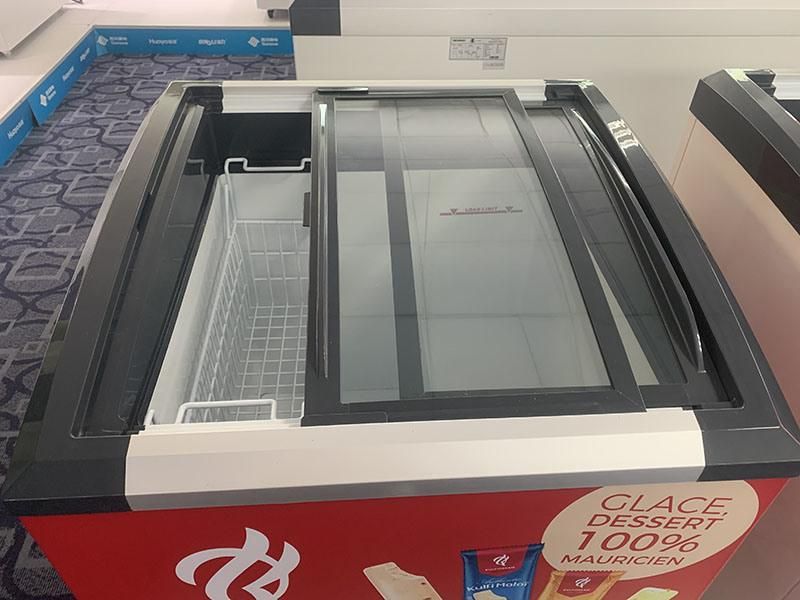 Supermarket Commercial Dual Curved Sliding Glass Door Ice Cream Showcase Display Refrigerator Freezer