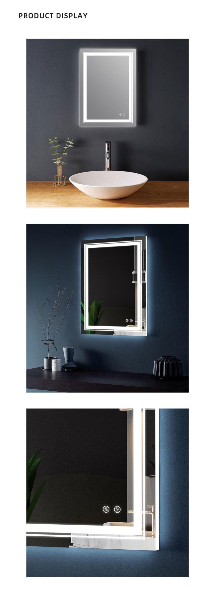 Rectangular Bathroom Mirror Glass Custom LED Light