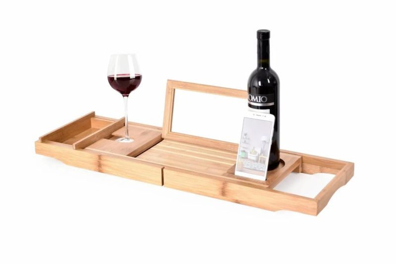 Bathroom Bath Accessories Suction Cup Shower Caddy, Timber Bathtub Caddy with Wine Glass Holder