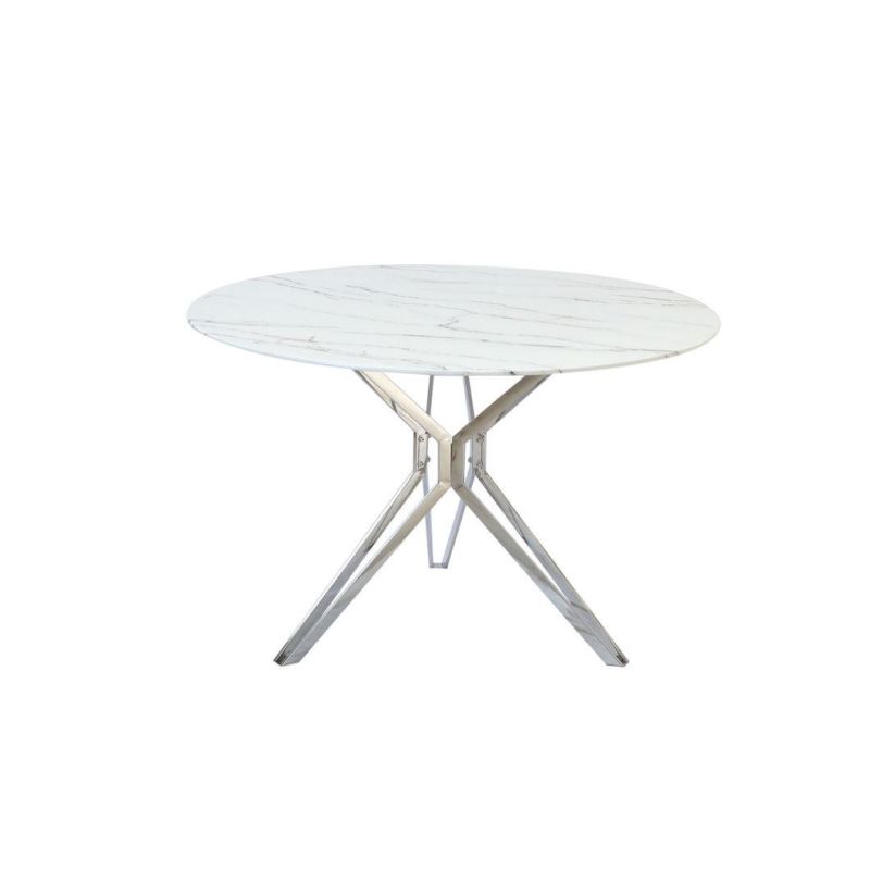Home Hotel Outdoor Furniture Banquet Tempered Glass Marble Round Top Dining Table with Stainless Steel Legs