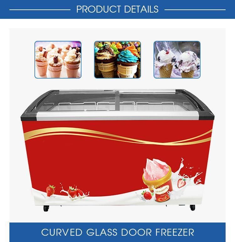 High Quality Curved Glass Door Island Freezer Commercial Refrigerator Ice Cream Showcase Freezer with Wheels