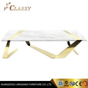 House Living Room Rectangle Coffee Table with Metal Stainless Steel Sheet and White Marble Top