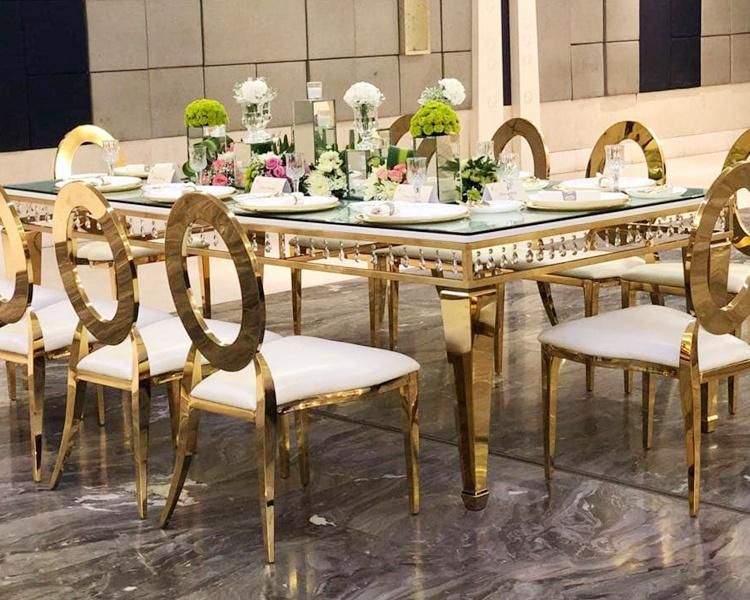 Hotel Wedding Gold Color Metal Dining Table with Crystal Pendant