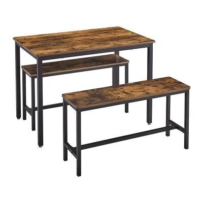 Dining Table Set Industrial Design Rustic Brown Black with 2 Benches