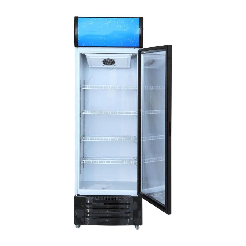 Direct Cooling Assisted with Fan R134A CFC Free Sticker on Manual Thermostat Epoxy Coated Shelves 193L Low-E Tempered Video Animation Glass Door Showcase Cooler