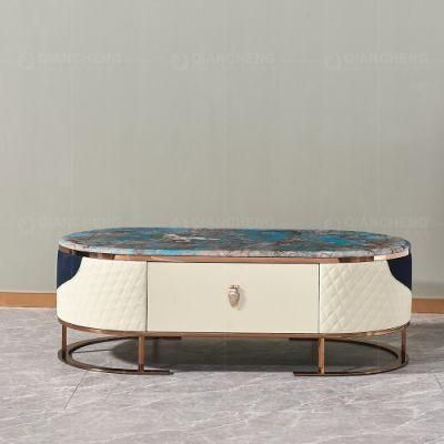 Modern Furnishing White MDF and Gold Steel Frame Marble Top Coffee Table