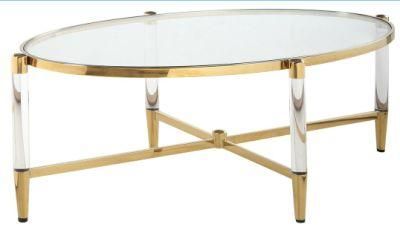 Modern Luxury Home Furniture Glass Top with Acrylic Leg Metal Oval Coffee Table