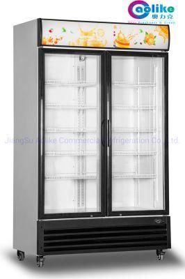 Double Glass Door Commercial Refrigerating Showcase with Big Volume in Optional Colors