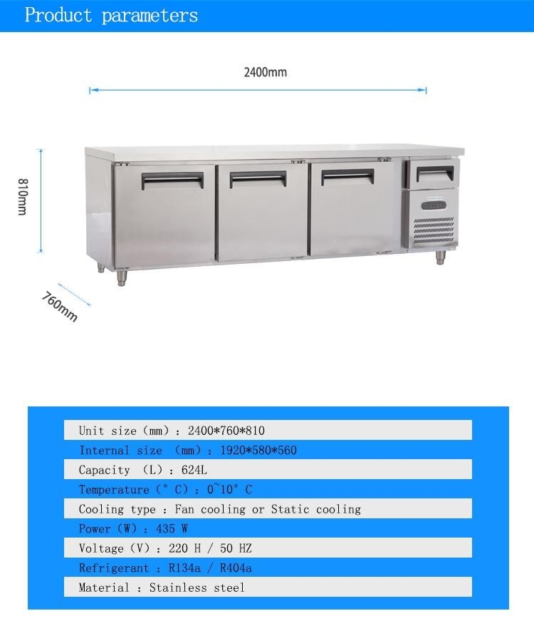 Stainless Steel Refrigerated Undercounter Refrigerator Commercial Fan Cooling Fridge Worktable with CE