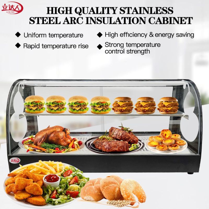 2022 Red Curved Food Warming Showcase Commercial Restaurant Equipment Glass Food Warmer Display Showcase