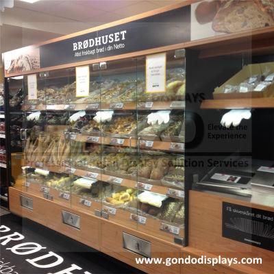 Bakery Shop Display Rack for Bread with LED Lights and Tempered Glass Door