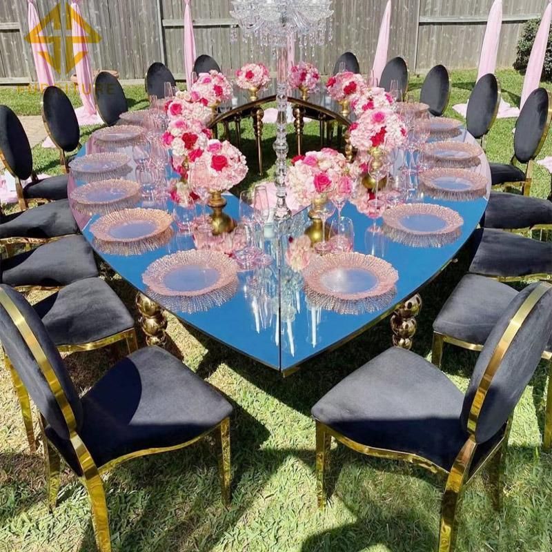 New Arrival Designed Tempered Glass Wedding Dining Table Stainless Steel Dining Table Set Gold