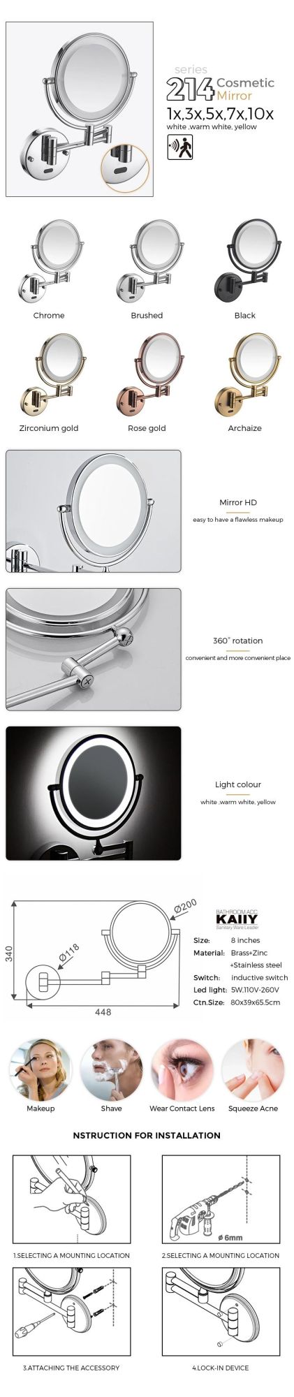 Kaiiy Round Shape Human Body Induction LED Smart Mirror for Hotel Bathroom