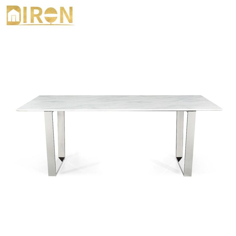 Living Room Furniture Home Hotel Restaurant Dining Set Marble Glass Top Metal Stainless Steel Pedestal Dining Chair Table