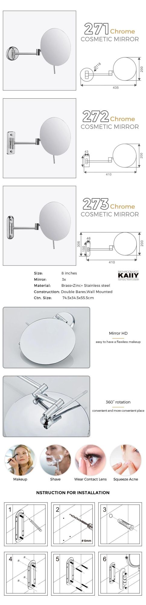 Kaiiy Stainless Steel Wall Mounted Single Sided Round Shape Vanity 3X Bathroom Mirror