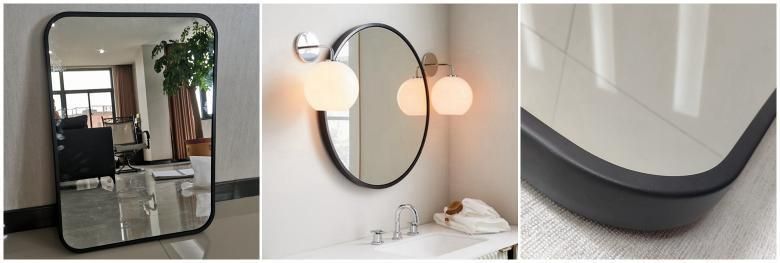 Horizontal or Vertical Hanging Round Corner Wall Mirror for Bathroom with Black Metal Frame Decorative Mirrors for Living Room and Bedroom