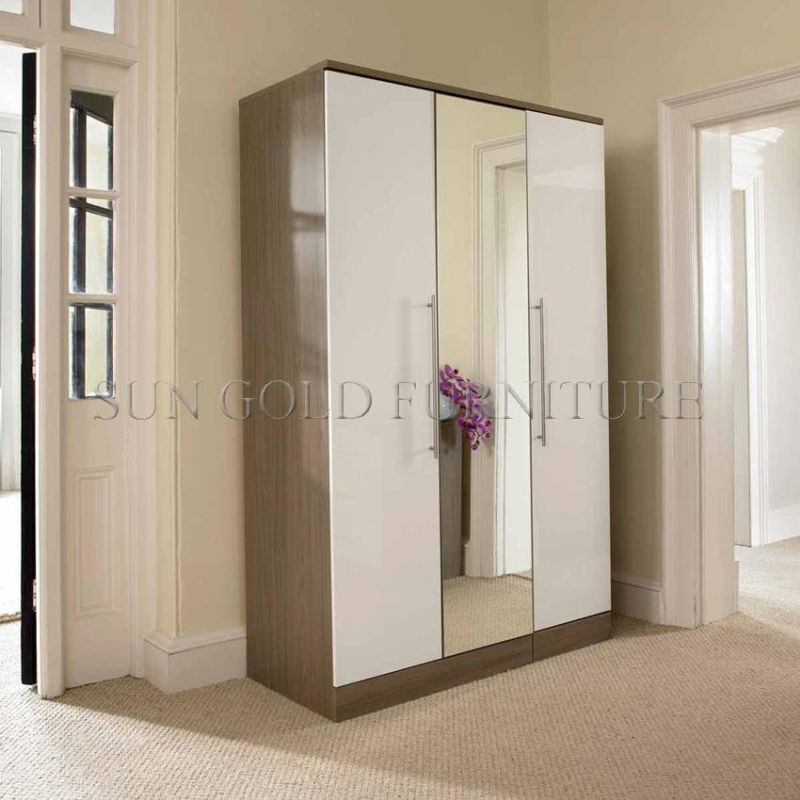 Modern Home Bedroom Furniture Swing Mirror High Gloss Three Doors Wardrobe