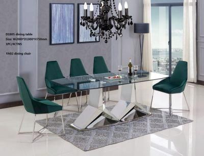 Dopro Classic Design Stainless Steel Polished Silver Dining Table D1805 with Clear Tempered Glass
