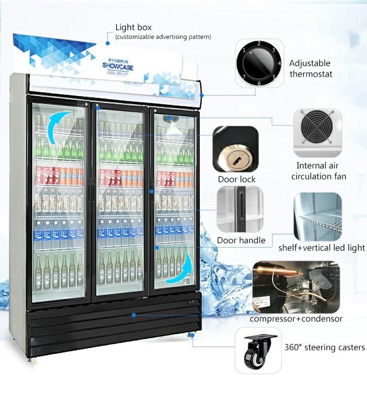Energy Saving Commercial Use 3 Doors Glass Shelf Air Cooling Showcase Keep Fruit and Flowers Beverage Fresh