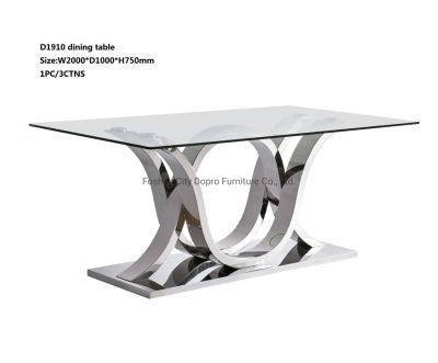 Dopro Modern Stainless Steel Mirror Polished Dining Table D1910 with Clear Tempered Glass