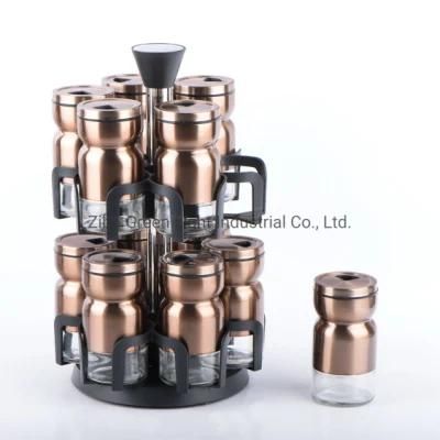 12PCS 115ml Glass Spice Jar Shaker with Stainless Steel Casing and Plastic Revolving Rack