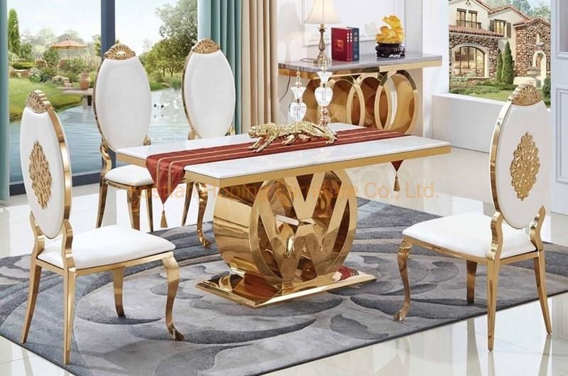 Restaurant Dining Wedding Chair Table Gold Stainless Steel Hotel Banquet Cake Table with 6 Seat