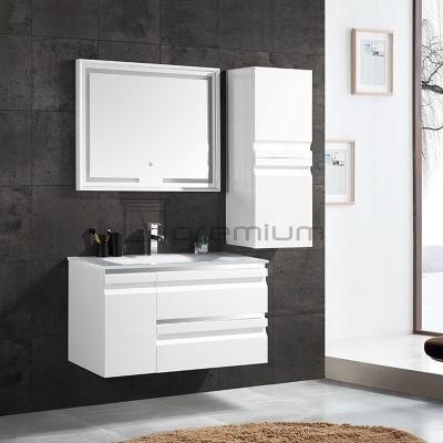 2021 New Style European MDF Cabinet Glass Wash Basin Bathroom Vanity LED Mirror Included