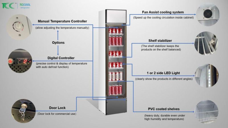 Full Glass Large Area Glass Door Display Upright Vertical Showcase Slim Line LED Light Cooler