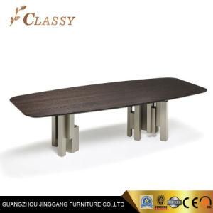 Large Family Restaurant Dining Table in Wood Trim and Metal Stainless Steel Base