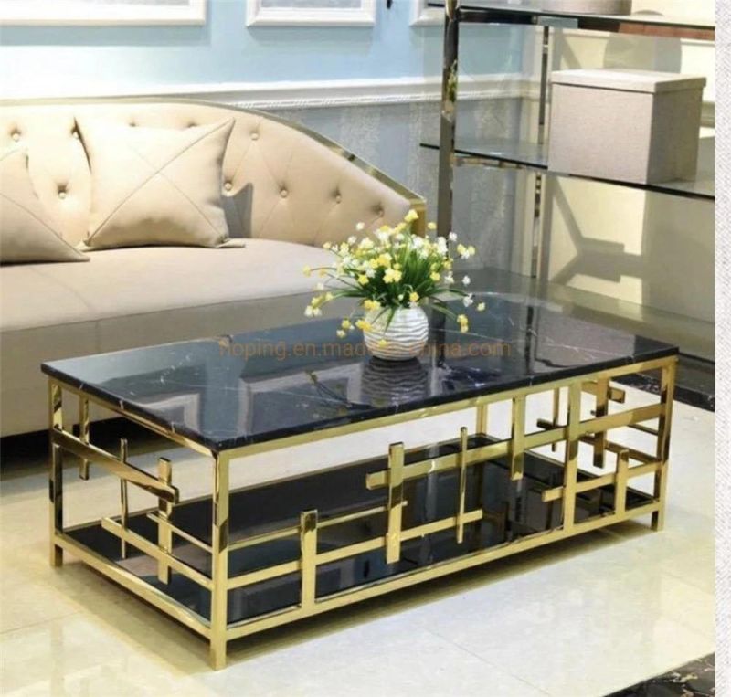Living Room Sofa Table Luxury Modern Marble Top Coffee Table with Metal Stainless Steel Frame 2 Layers