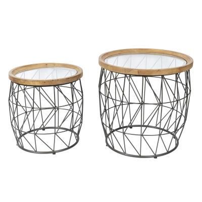 Set of Two Round Wood and Metal Coffee Table