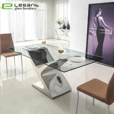 Big Stainless Steel Dinner Table with Clear Glass Top
