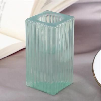 Vss Embossed Square Tall Taper Glass Candle Holder for Table Decorative