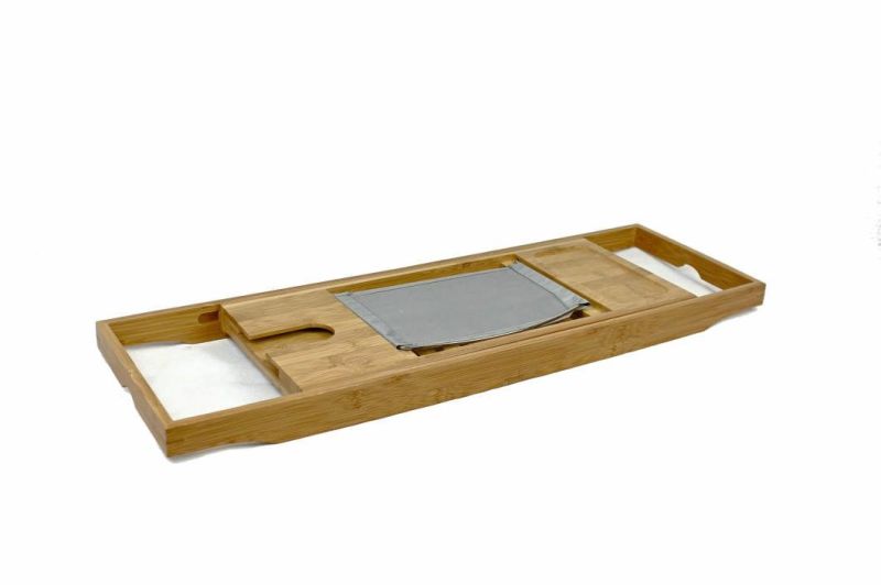 Bamboo Bathtub Caddy Tray Wooden Bath Tray with Extending Arms, Reading Rack, Tablet Holder, Cellphone Tray and Wine Glass Holder