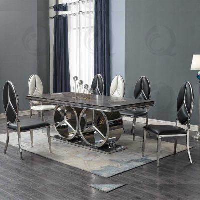 Luxury Home Furniture Stainless Steel Black Glass Marble Dining Table Set