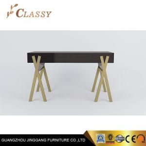 Home Furniture Wooden Veneer Top Console Table in Brass Steel Frame