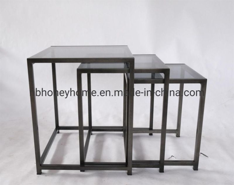 Nordic Design 3PCS Set Hand Brushed Natural Black Metal Frame with Grey Glass Coffee Table