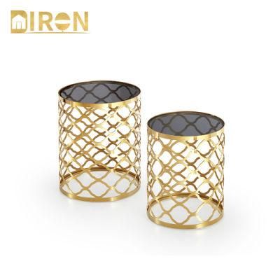 Modern 8mm Tempered Clear Glass Round Golden Stainless Steel Nesting Side Table Set Coffee Tables