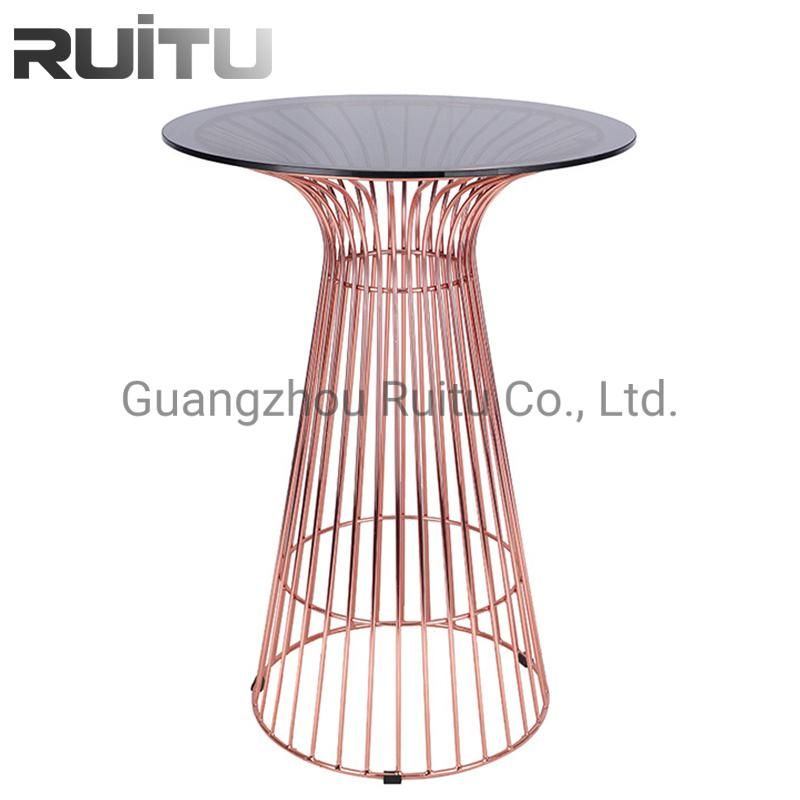 Restaurant Bar Furniture Galvanized Iron Wire Rose Gold Dry Cocktail Bar Height Tables for Event Wedding Use Round Glass Metal Wire Dining High Bar Table