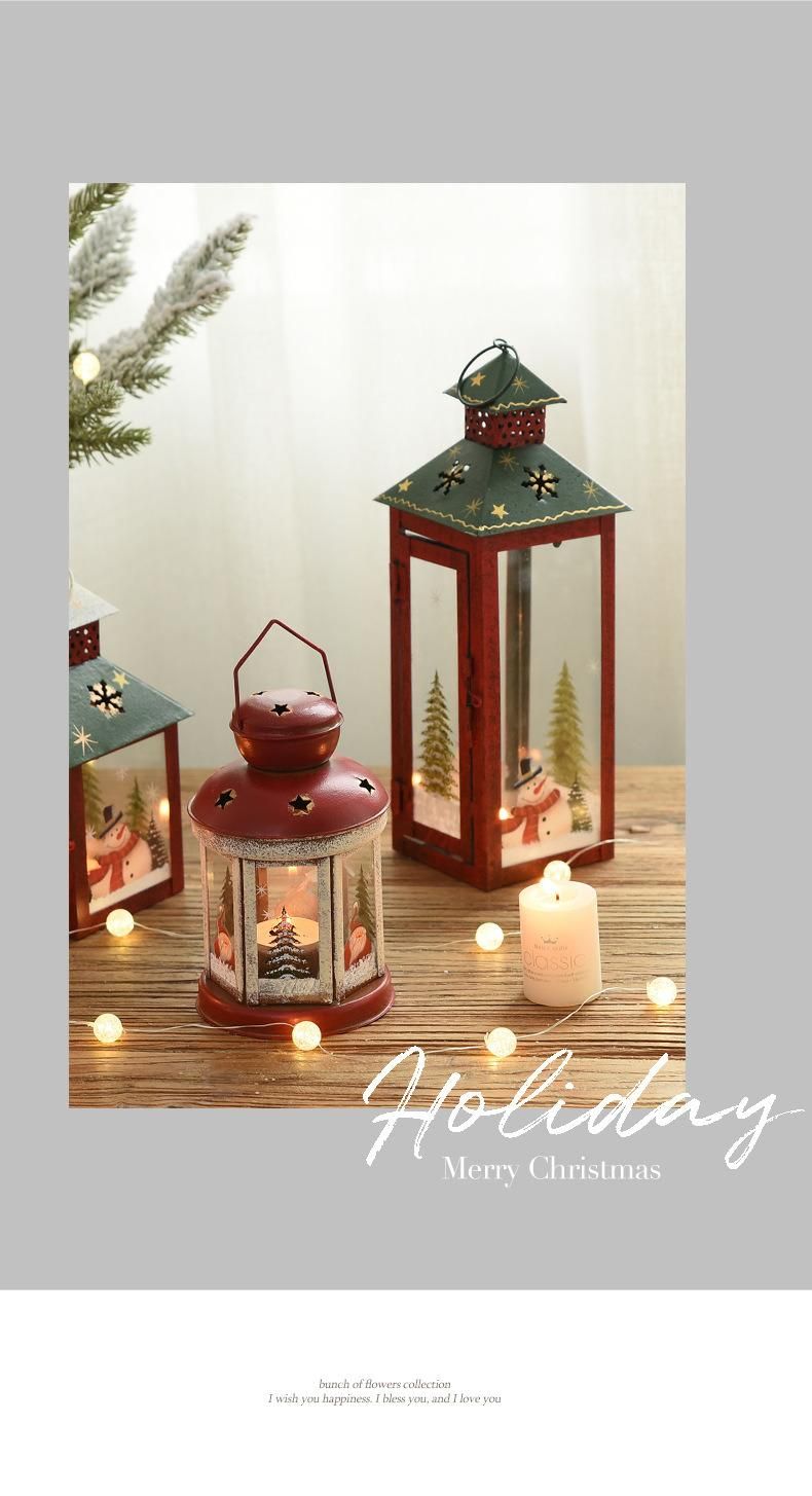 2021 Hot Sale Retro Lanterns Wrought Iron Glass Ornaments Christmas Candle Holder