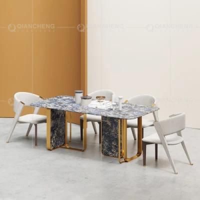 Luxury Italian Dining Tables Brushed Gold Modern Stylish White Faux Marble Stainless Steel Dining Table