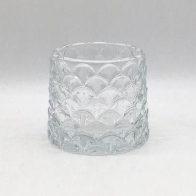 Clear Glass Candle Holder with Embossed Pattern and Customized Color