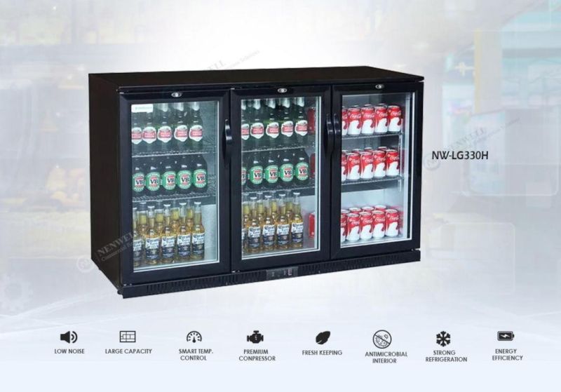 Black Stainless Steel Back Bar Counter Display Fridge Storage Beer Showcase and Cold Drinks with 3 Glass Door and Lock