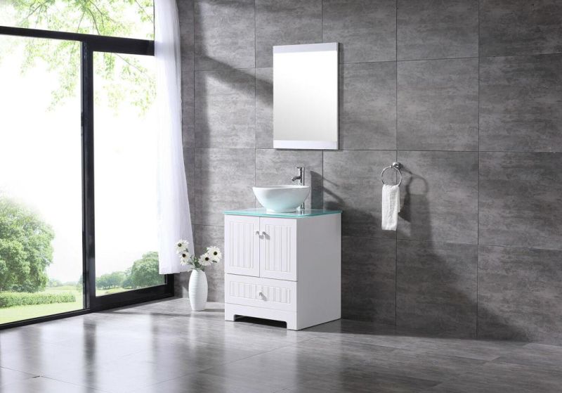 24" Bathroom Cabinet PVC Vanity Ceramic Vessel Sink Glass Top W/Mirror Set White Bathroom Furniture