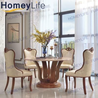 Rural Traditional Home Living Room Marble Round Dining Table with Wood Base