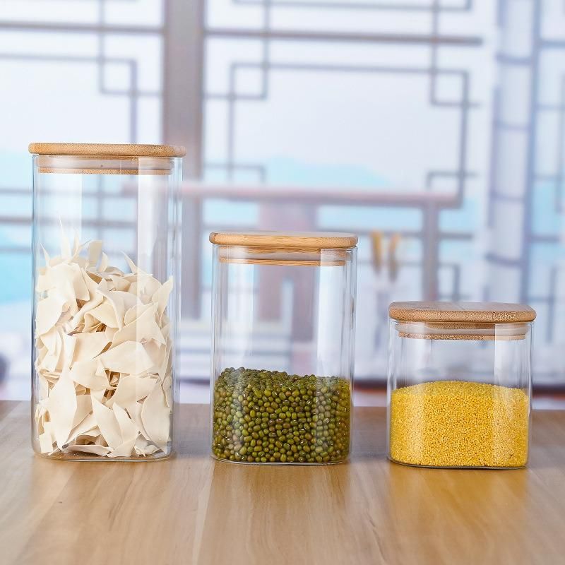 Glass Containers for Storage Airtight Food Jars with Bamboo Wooden Lids Canisters for Sugar, Candy, Cookie, Rice and Spice Jars