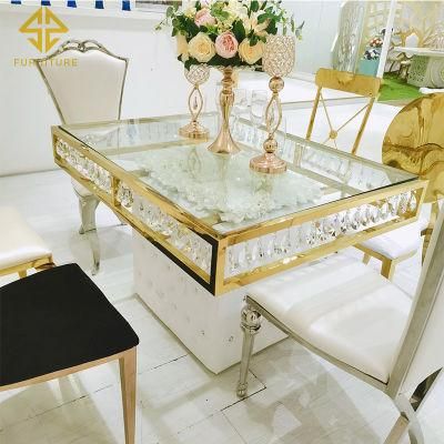 Wholesale Modern Gold Crystal Mirror Top Couple Dining Table in Glass Tables for Wedding