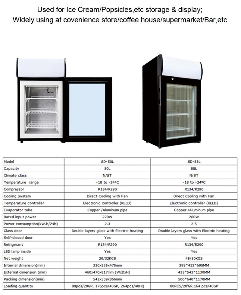 50L Glass Door Ice Cream Showcase Upright Display Freezer (SD-50L)