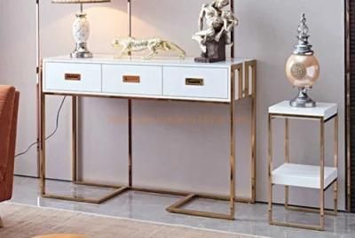 Make up Table with Three Drawers Tempered Glass Wood Top Metal Steel Frame Dining Console Table for Home and Hotel